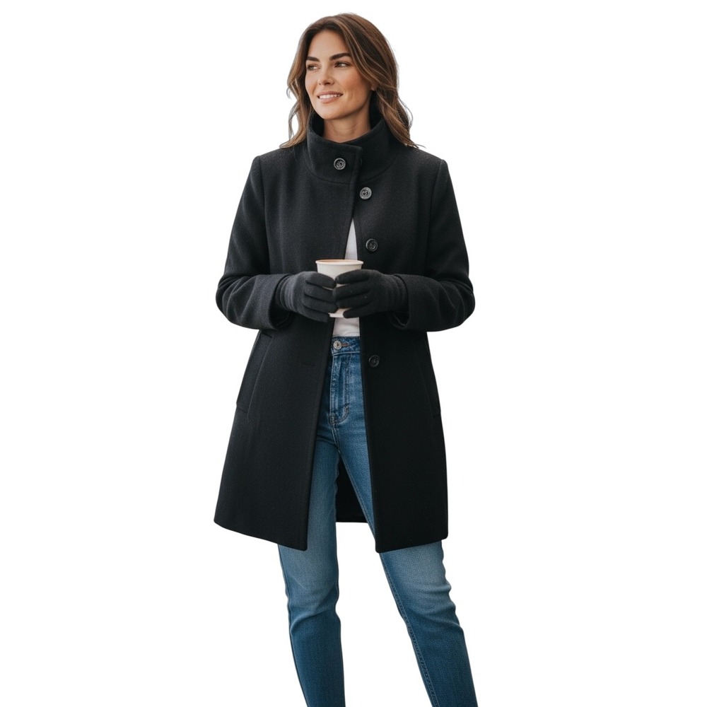 Pendleton Petite Wool Cashmere Blend Coat Funnel Neck Button Front Black Womens‎